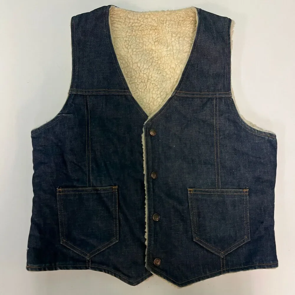 Vintage 1950s Sherpa-Lined Denim Vest Snap Front Western Trucker Size Large